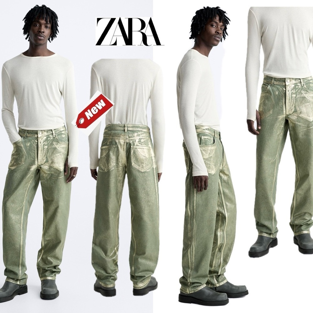 Zara relaxed fit olive army green metallic gold foil denim jeans Sz 29 NWT🔥